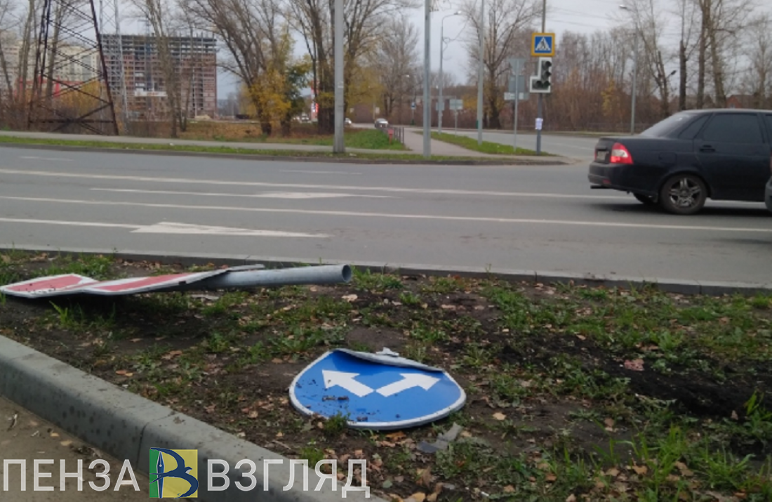 В Пензе автомобиль проехался по газону и сшиб дорожные знаки