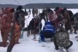 «Клюет только здесь». Больше десятка рыбаков бурили под собой лед на маленьком «пятачке». Видео
